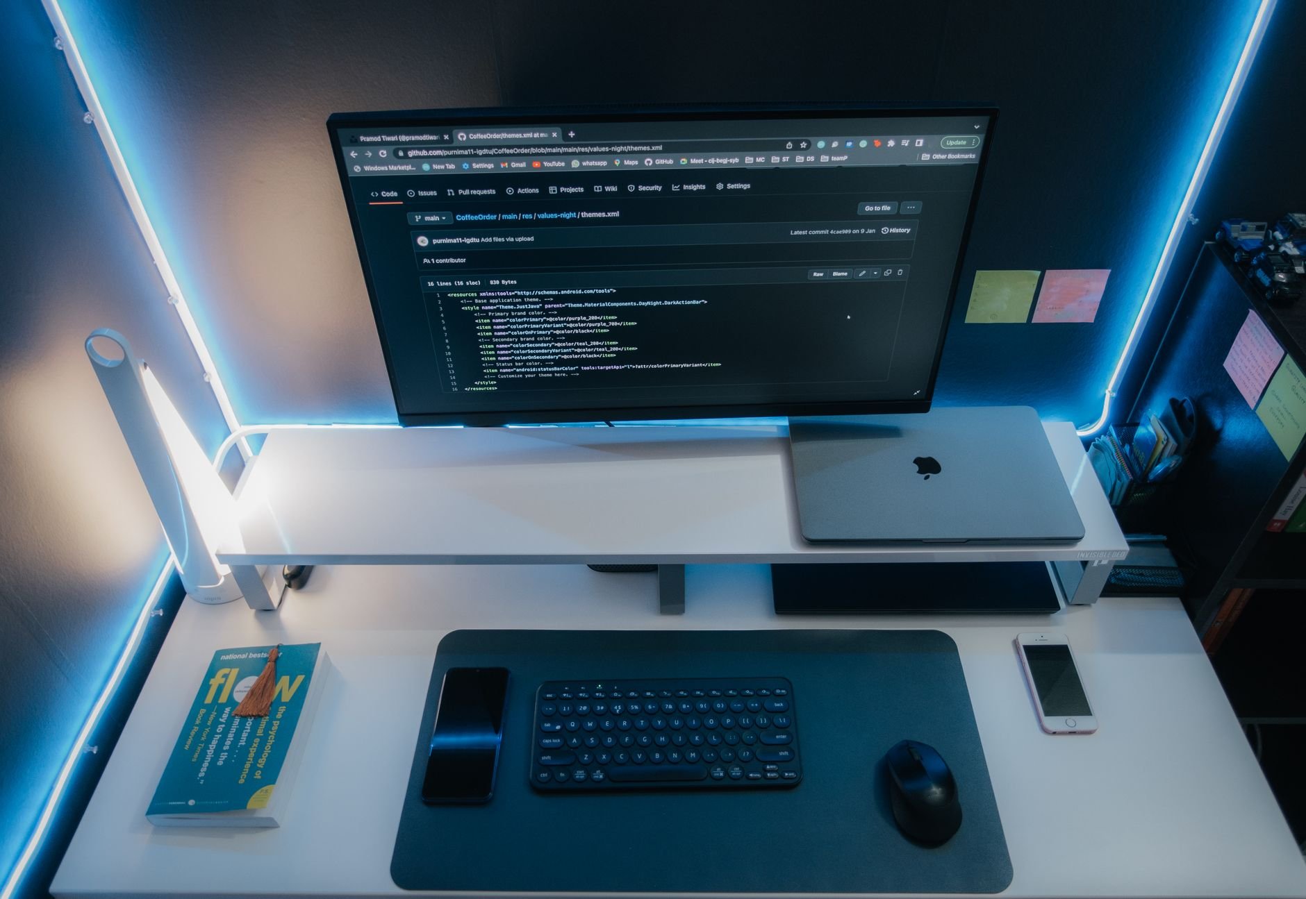 Minimalist workspace with neon lighting — Bella Creates production environment
